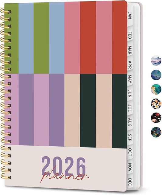 2026 Planner, Monthly and Weekly Calendar Planner for Women, January 2026 - December 2026, Hardcover Pretty 2026 Agenda Planner Book with Tabs, Spiral Bound, Perfect for School Office Home Supplies, 6.3" x 8.5" - Color Column