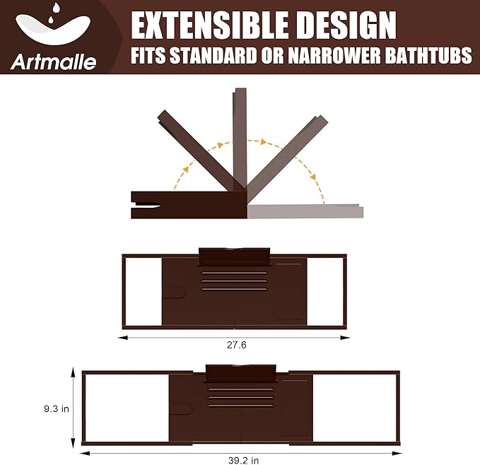 Artmalle Bathtub Tray for Tub, Expandable Bamboo Bath Caddy Tray with Book Stand for Home Spa Relaxing, Foldable Minimalist Bathroom Accessories for Women Men (Simple, Brown)