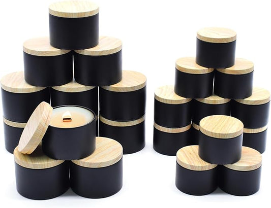 24-Pack Candle Jars, 12pcs 8oz + 12pcs 4oz Candle Tins with Metal Wood-Grain Printing Lids, Empty Candle Jars for Making Candles Bulk Candle Containers - Black