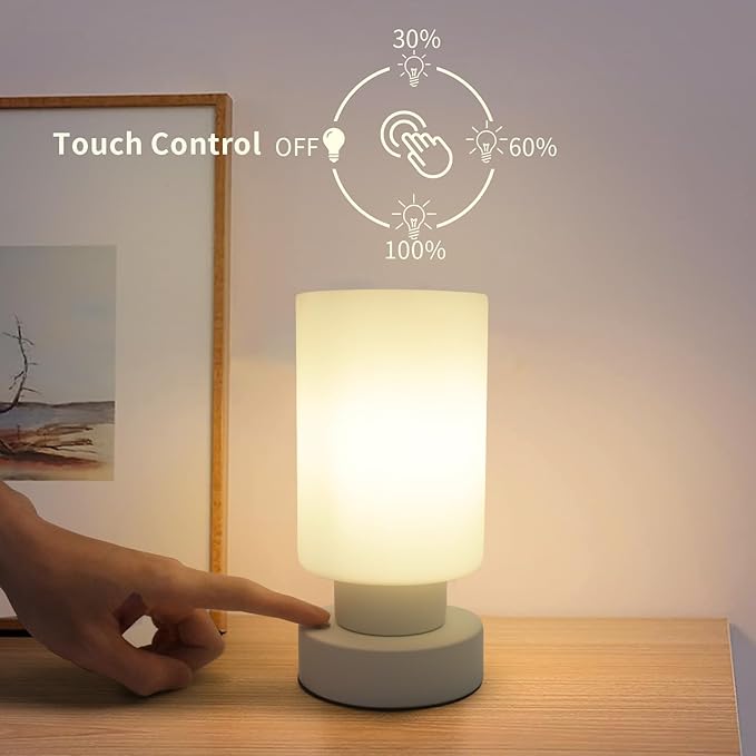 Cordless Bedside Table Lamp for Bedroom Living Room Nightstand,Touch Desk lamp with White Opal Glass Lamp Shade,Warm LED Bulb,3 Way Dimmable,Simple Design Festival Gifts.(Pack of 2)
