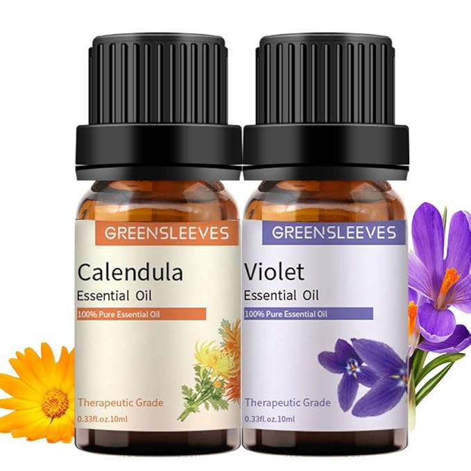 GREENSLEEVES Violet Calendula Essential Oil Set, 2 x 10ml Pure Plant-Based Fragrance Oil for Aromatherapy, Essential Oils for Diffuser, Massage, Bath Bomb, Scented Candle Soap Making