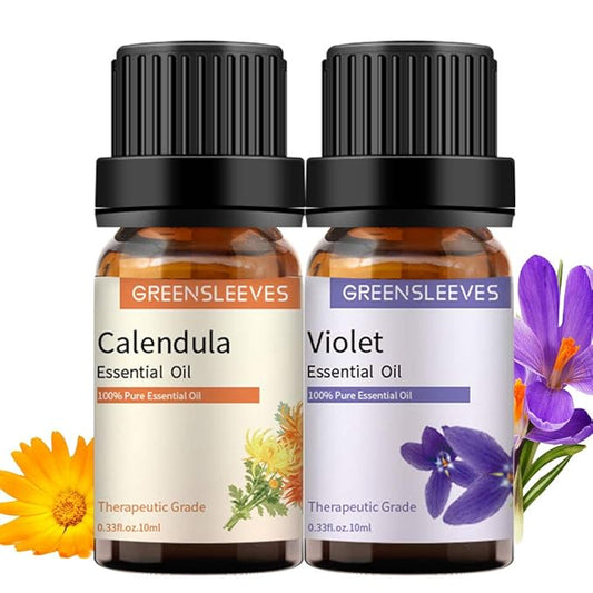GREENSLEEVES Violet Calendula Essential Oil Set, 2 x 10ml Pure Plant-Based Fragrance Oil for Aromatherapy, Essential Oils for Diffuser, Massage, Bath Bomb, Scented Candle Soap Making