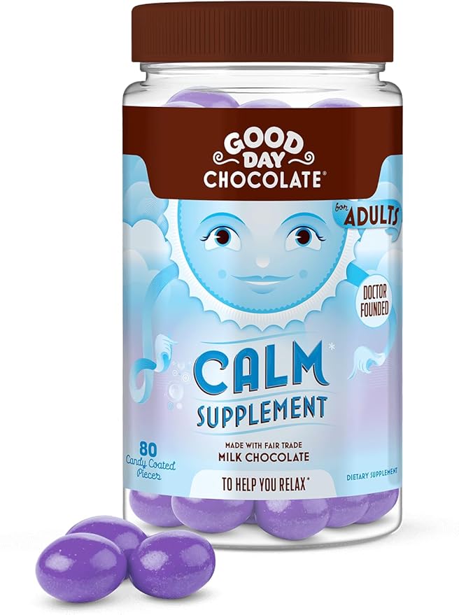 Good Day Chocolate Natural Calming Supplement for Adults, Blend of Camomile, Theanine, Magnesium, Fair Trade and Non-GMO Chocolate, 50 Pieces