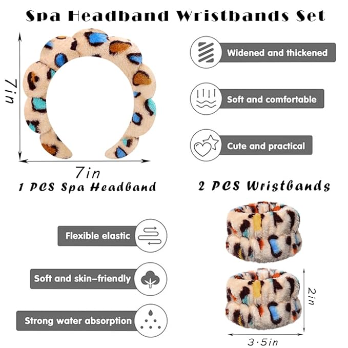 Spa Headbands for Washing Face Wristband Set Sponge Makeup Skincare Headband Wrist Towels Bubble Soft Terry Towel Cloth Hairband for Women Puffy Headwear Non Slip Thick Thin Hair Headwear