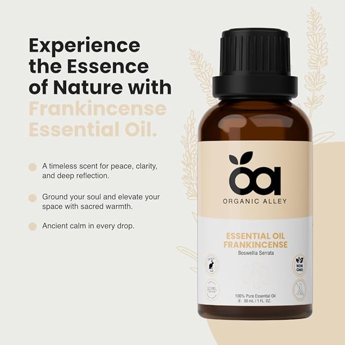 Frankincense Essential Oil by Organic Alley (Boswellia Serrata) | 100% Pure & Undiluted | Premium Essential Oil for Aromatherapy, Diffusers, Skin, Hair | Earthy-Woody Resin Aroma | (1 Fl Oz)