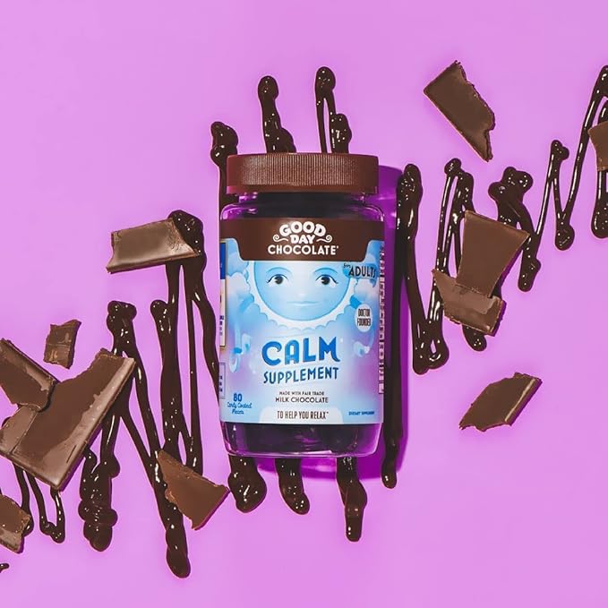 Good Day Chocolate Natural Calming Supplement for Adults, Blend of Camomile, Theanine, Magnesium, Fair Trade and Non-GMO Chocolate, 80 Pieces