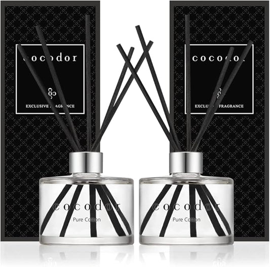 Cocod'or Reed Diffuser / Pure Cotton / 6.7oz(200ml) / 2 Pack / Home & Office / Black Glass / Cotton Core