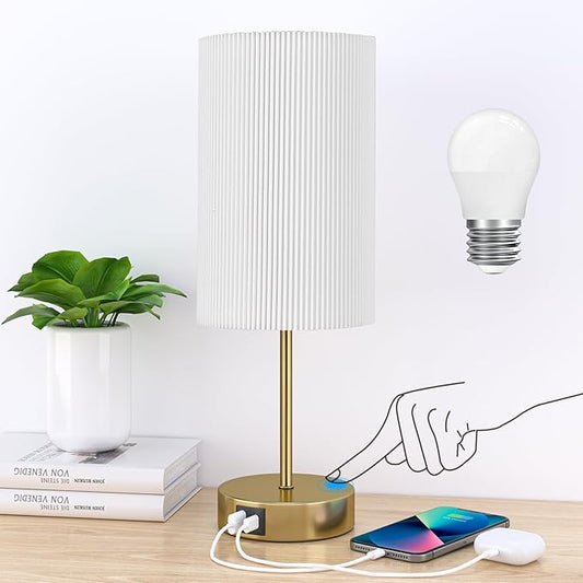 AKASUKI Table Lamp for Bedroom, 3 Way Dimmable Touch Lamp with Dual Charging Station, Small Bedside Lamps for Night Stands, Living Room, Office(LED Bulb Included)