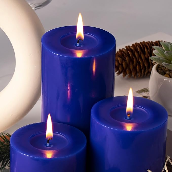 KONNI Classic Blue Pillar Candles Set of 3, 3"x 3" Unscented Pillar Candles Bulk, 30 Hours Long Burning Candles, Smokeless&Dripless Large Round Candle for Wedding, Home Decoration, Parties, Spas