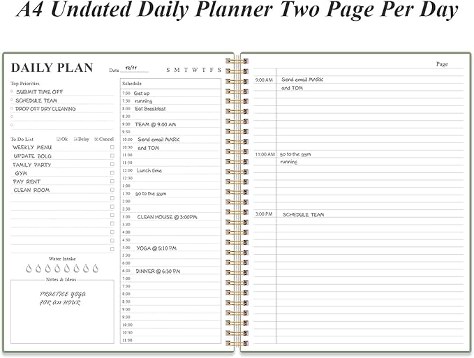 Daily Planner Undated - A4 To Do List Notebook Hourly Schedules, Spiral Appointment Planner for Women and Men,PVC Hardcover, Inner Pocket, Elastic Closure, 8.5" x 11", Green