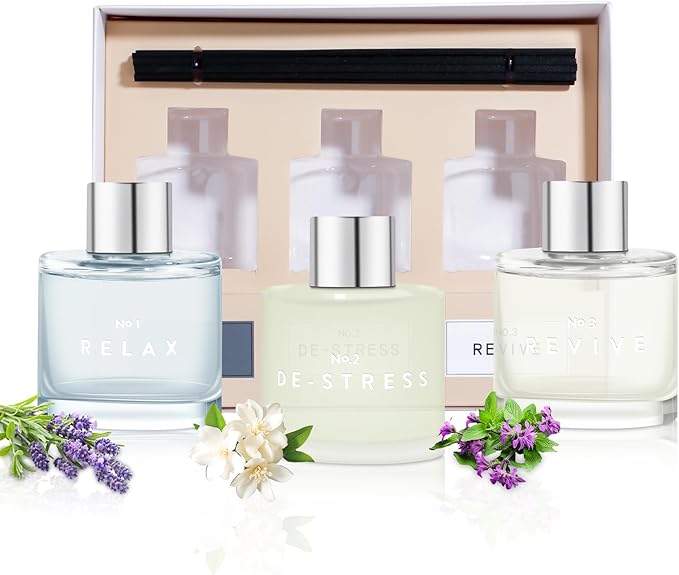 3 Pack Fragrance Reed Diffuser, 50ML Lavender Jasmine Patchouli Aromatherapy Diffuser Set with 12 Black Fiber Sticks,Air Freshener for Bedroom Bathroom Office, 8.2X 6.6X 2.1 inch
