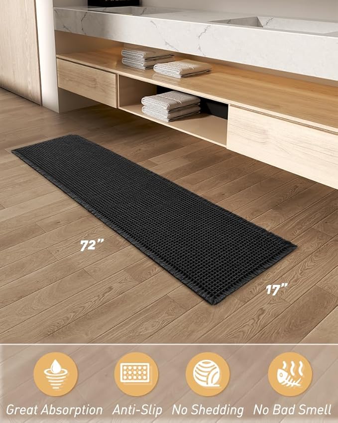 AMOAMI Upgraded Waffle Runner Rug Super Absorbent Non Slip Bath Mats for Bathroom Machine Washable Bathroom Runner Rug with Tassels, Ideal for Hallway Bedroom Laundry Room, 17" x 72", Black