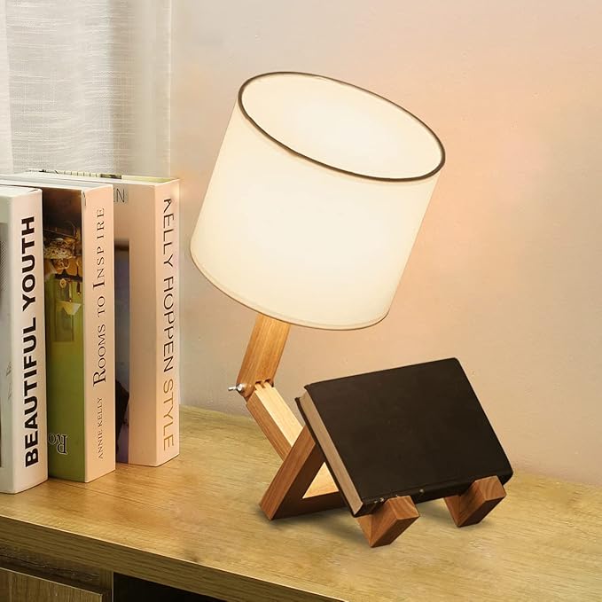 Cute Desk Lamp, Unique Table Lamp,Wooden Bedside Table Lamps Fun Quirky Robot Lamp Whimsical Cute Light for Home,Dorm Room,Kids Room,Office,Gift, Adjustable Shape
