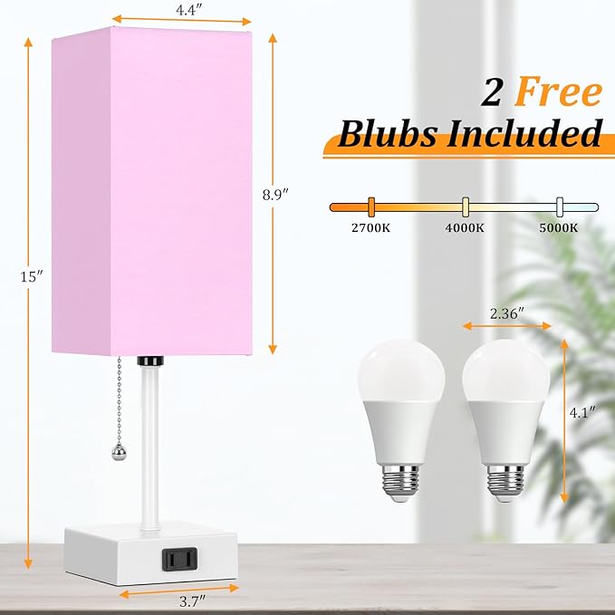 15'' Table Lamp for Bedroom set of 2,3-Color Bedside Lamps with Pull Chain Table Lamps for Night stands ,Small Night Light Lamps with 2 Bulbs Lamps for Living Room Kids Room Office Decor（Pink+White）