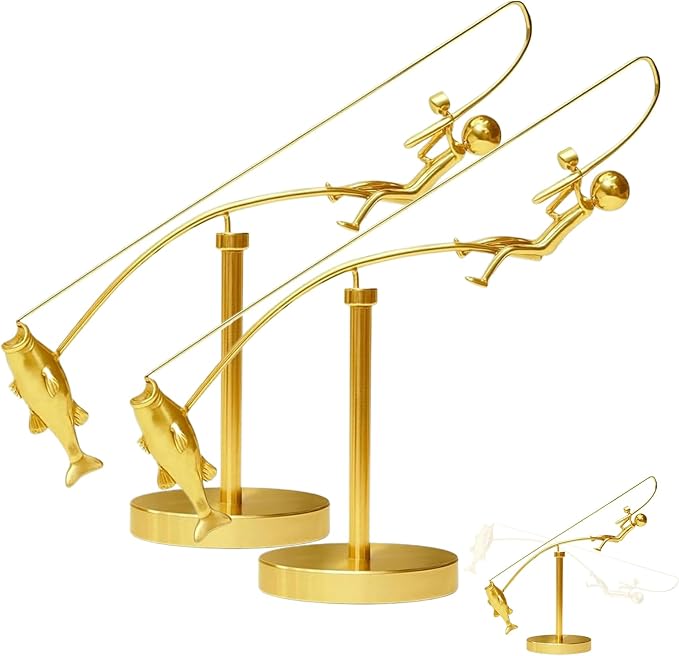 Kinetic Fishing Sculpture, Balance Art for Your Space, Metal Fishing Statue Home Office Desktop Ornament for Home Office Art Deco-D