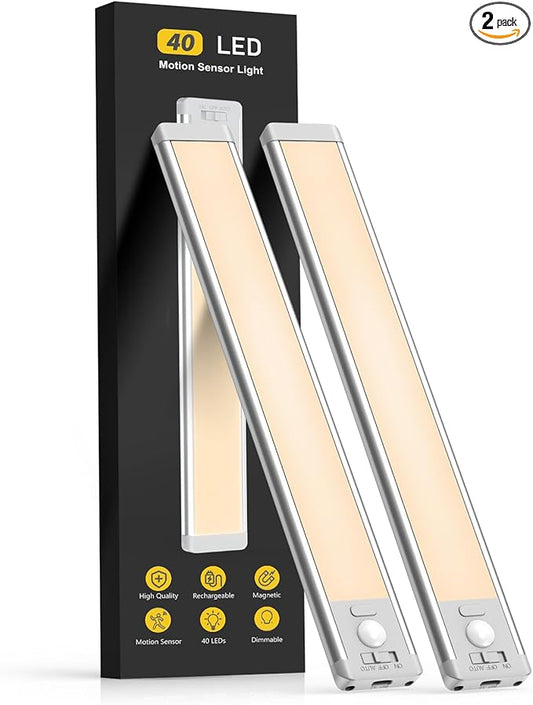 10inch Under Cabinet Lighting, 2 Pack Rechargeable Motion Sensor Light Indoor, 5 Levels Dimmable Magnetic Closet Lights, Wireless Under Counter Lights for Kitchen, Stairs