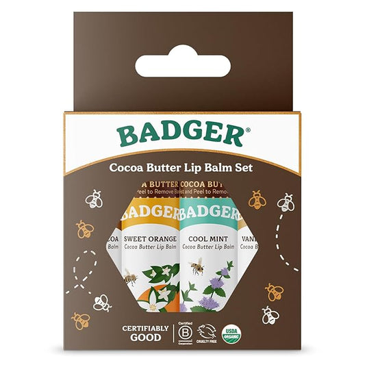 Badger Cocoa Butter Lip Balm Set, 100% Organic, Long Lasting Lip Moisturizers, Lip Care Variety Pack (Cocoa, Orange, Mint & Vanilla), All Natural Lip Balms, 4-pack