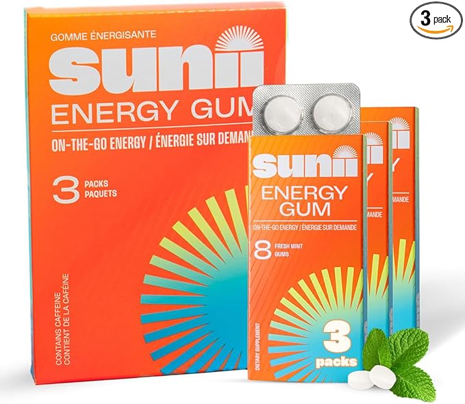 SUNII ENERGY GUM - New Quick Boost Energy & Focus - 50mg Caffeine Gum -Vitamins B6 & B12, Taurine, Vegan, No Sugar, Zero Calorie, Fresh Mint Taste - Faster Than Chews, Drinks, Gels & Pills (24pcs)