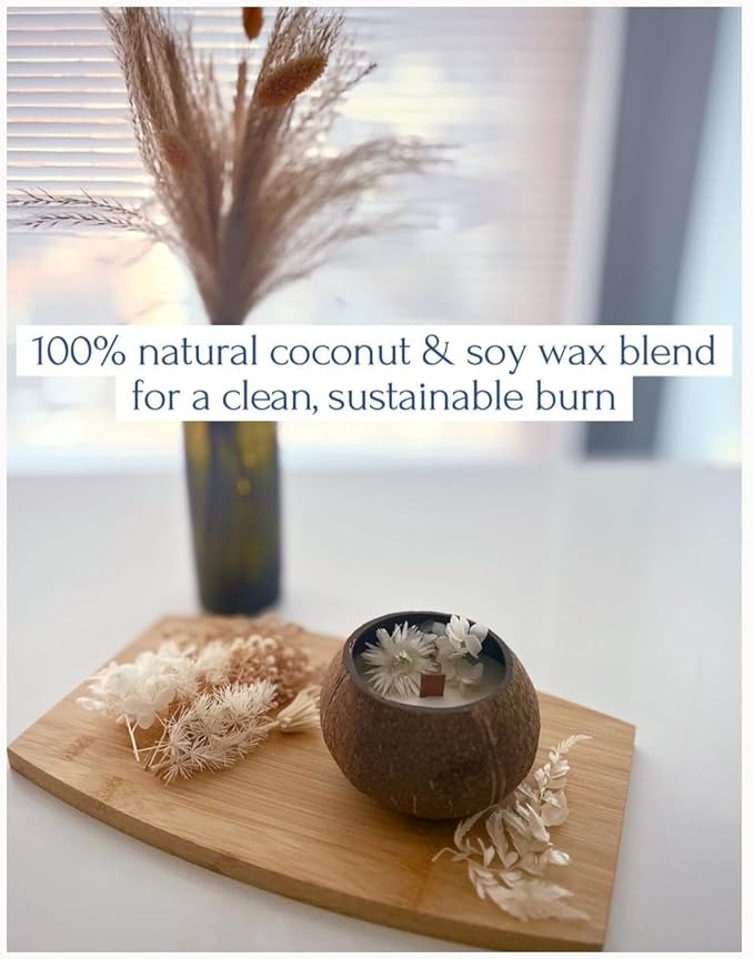 Eco-Friendly Lavender Coconut Shell Candle – 100% Natural Coconut & Soy Wax, Wooden Wick, Hand-Poured, 6oz, Sustainable Handmade Gift