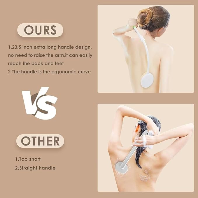 Back Scrubber Bath Brush for Shower Curved Long Handle, Foldable Handled Shower Body Brush Whith Absorbent Microfiber Bag Can Quickly Dry Your Back