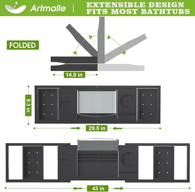 Artmalle Bathtub Caddy Tray - Expandable and Foldable Bath Tray for Tub, Luxury Bamboo Bath Caddy Tub Table, Bathtub Accessories with Book Holder and Free Soap Dish, Black