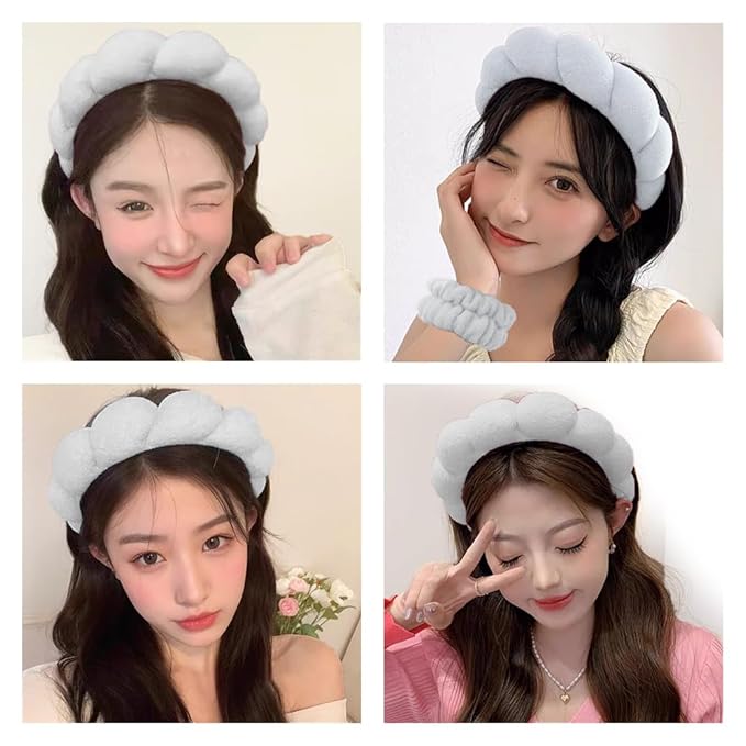 Spa Headbands for Washing Face Wristband Set Sponge Makeup Skincare Headband Wrist Towels Bubble Soft Terry Towel Cloth Hairband for Women Puffy Headwear Non Slip Thick Thin Hair Headwear (Gray)