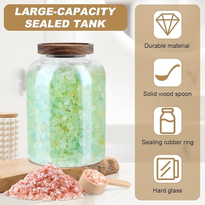 74 oz Glass Bath Salt Jar, Bath Salt Container with Wooden Lid& Scoop, Bathroom Organizers, Airtight Storage Bathtub Accessories for Women