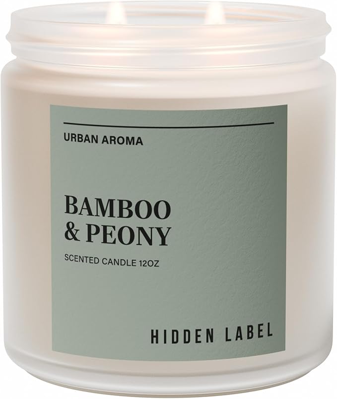 Hidden Label Bamboo Peony Scented Candle, 12oz 2 Wick Natural Soy Non Toxic Candles, Clean Burning Long Lasting Aromatherapy for Home | Gifts | Décor,Premium Scents for Relaxation & Stress Relief