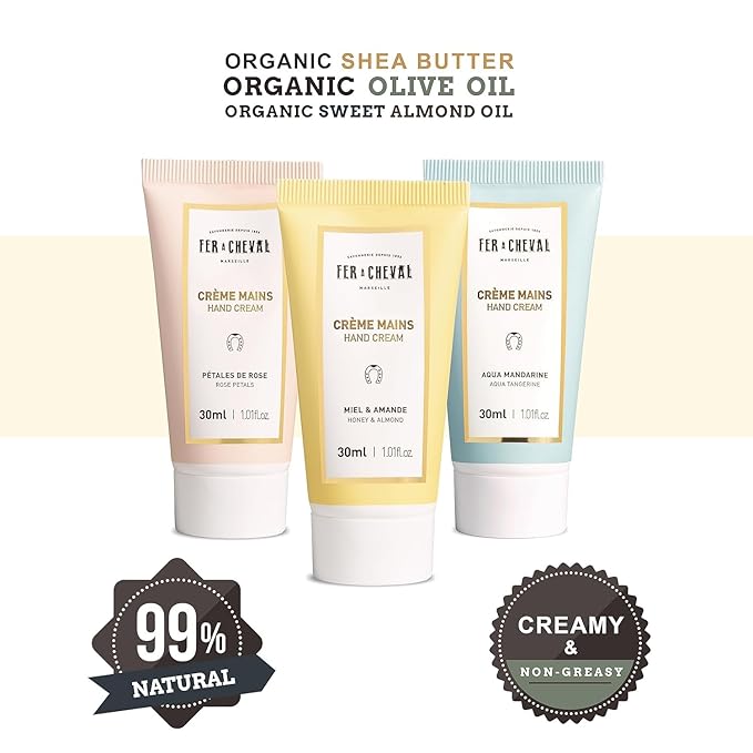 Fer à Cheval Moisturizing Scented Hand Cream Set, Creamy Hand Cream Travel Size Lotion Organic Shea Butter Hand Lotion | Pack of 3 (Honey & Almond, Rose Petals, Aqua Tangerine) 30ml/ 1.01 fl oz