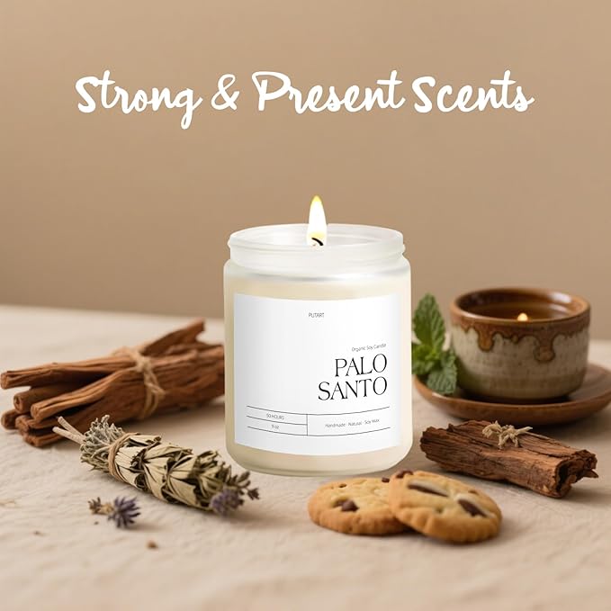 Palo Santo Highly Scented Candle for Home, 9oz Natural Soy Aromatherapy Non Toxic Candles with Essential Oil, Home Fragrance Stress Relief & Meditation Jar Candles Gifts for Women & Men, White