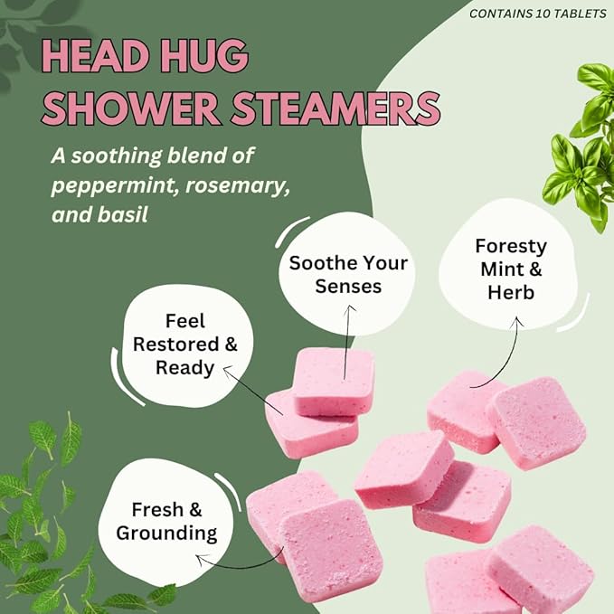 Head Hug Shower Steamers Aromatherapy for Relief - USA Made - Peppermint & Rosemary Shower Bomb Tablets – Christmas Gift - Adult Stocking Stuffer – Soothing Natural Essential Oils (10 Pack)