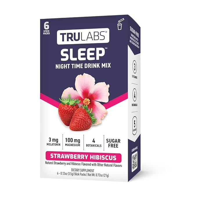 TRULABS Sleep - Strawberry Hibiscus. Sugar Free Sleep Drink. Each Serving Contains: Magnesium, GABA, Passionflower, Valerian Root, Ashwagandha Root & Lemon Balm Leaf Extracts, with 3mg Melatonin (6ct)