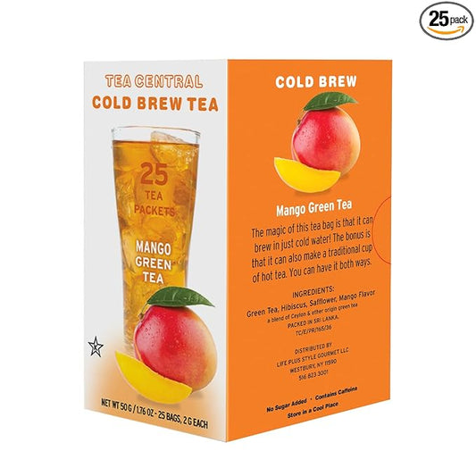 Life Plus Style Gourmet TEA CENTRAL Mango Green Tea Naturally Refreshing Cold Brew Tea Bags Organic Ceylon Iced Green Tea Everyday Wellness Sweet Mango Fruit Tea 25 Tea Bags