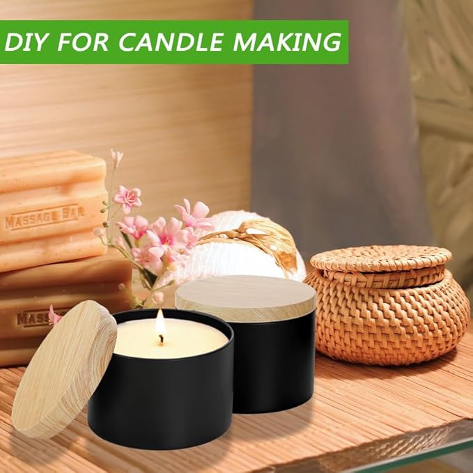 ABK 24PCS 4oz Black Candle Tins With Wood Grain Lids, Matte Jars for Candle Making, Empty Metal Container