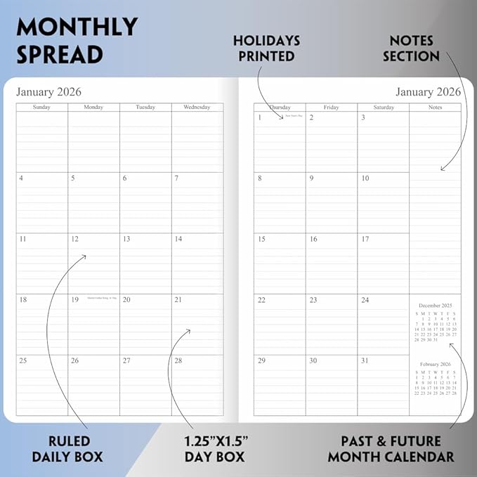 2025-2026 Planner - Weekly and Monthly Planner, Oct 2025 - Dec 2026, Holidays, Contacts and Notes Pages, Vegan Leather Cover, Elastic Closure, 5.5”x8.25”, Rose Gold