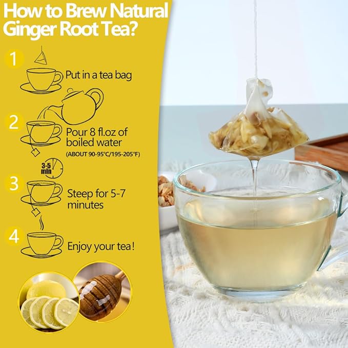 60 Premium Ginger Tea Bags, Made with 100% High-Spiciness Ginger Root, Full of Favor & Spicy, Support Digestion & Boost Immunity, No Additives & Caffeine Free.