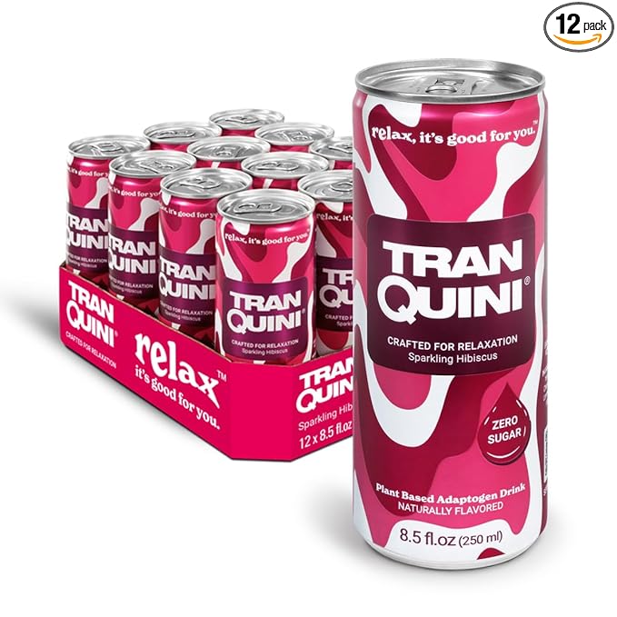 Tranquini Adaptogen Drink, Sparkling Water, Ashwagandha, Gluten & Sugar Free, Calming Non Alcoholic Drinks with L Theanine, Lemon Balm & Chamomile for Stress Support - Hibiscus, 8.5 Fl Oz (Pack of 12)