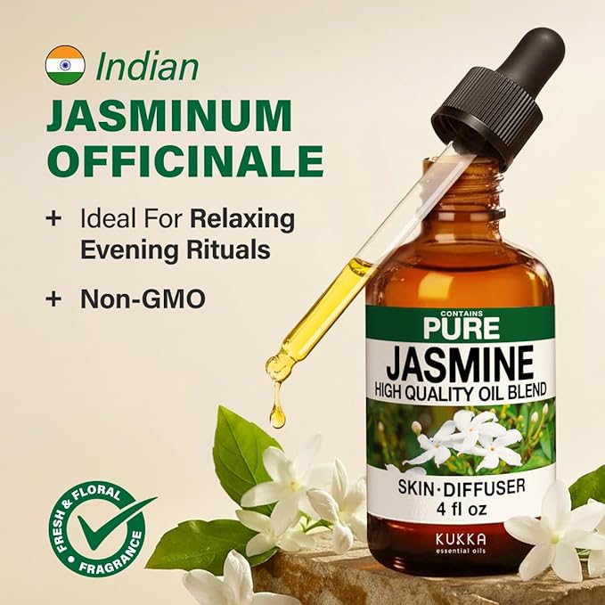 KUKKA Jasmine Essential Oils - 4 Fl Oz - for Hair, Skin, Diffuser, Aromatherapy & DIY Soap Making Scent