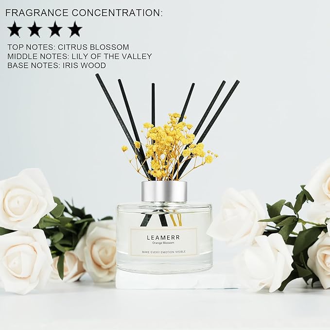 Reed Diffuser Set,7 fl oz (210 ml), Orange Blossom Scent Oil Diffusers with 6 Reed Sticks,Home Fragrance Reed Diffuser for Bathroom Shelf Decor