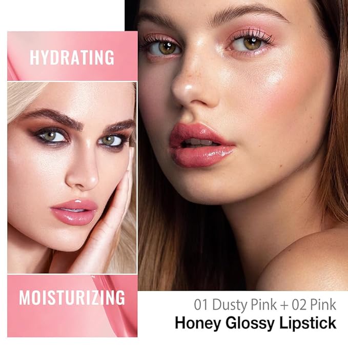 Kaely 2Pcs Honey Glossy Lipstick for Women, Dusty Pink & Pink Moisturizing Shine Lipstick for Dry Lips, Hydrating Nourishing Tinted Lip Balm, Sheer Lightweight Lip Gloss Stain Makeup, Vegan, 01+02