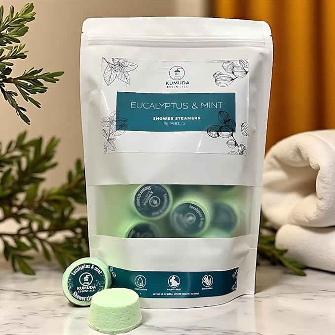 Kumuda Essentials Shower Steamers Pack of 15 Eucalyptus and Mint Aromatherapy Tablets Gift for Women, Birthday, Anniversary (30g Each)