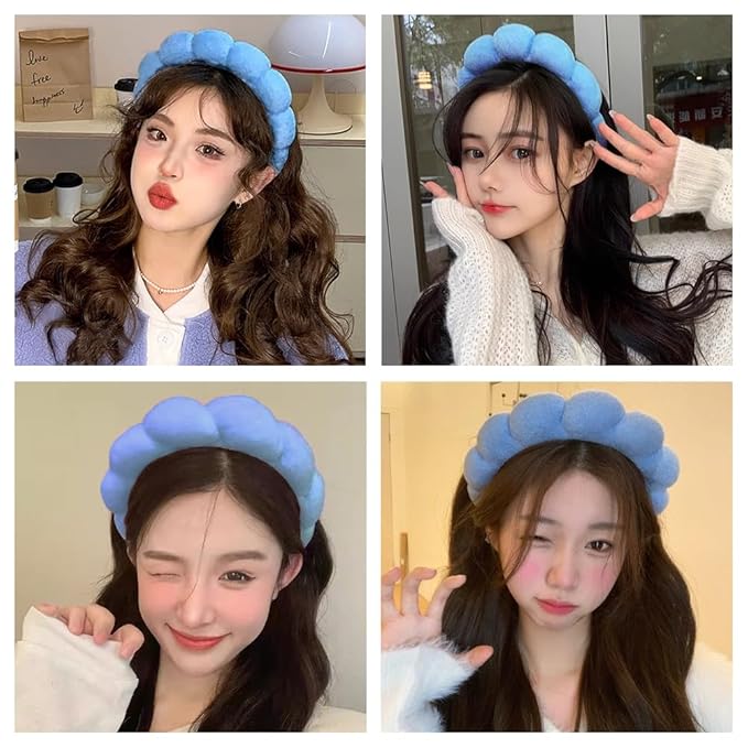 Spa Headbands for Washing Face or Makeup, Sponge Bubble Skincare Headbands, Puffy Terry Cloth Hairband for Women, Skin Care Makeup Headwear Hair Accessories for Girls(Dark blue)