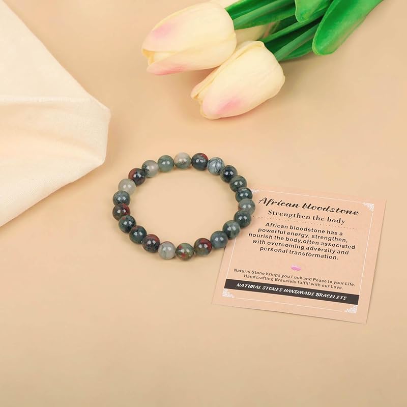 AD Beads Handmade Gemstone Stretch Elastic Bracelet Crystal Healing Reiki Nature's Beauty and Spiritual Essence Unisex (8mm, African Bloodstone (Strengthen the body))