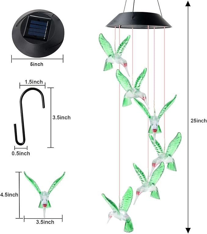 JOBOSI Hummingbird Decor Gifts, Solar Hummingbird (3.5 * 4.5in) Wind Chimes Lights, Mothers Day Wind Chime Gift, Gifts for mom, Women, Grandmother, Outdoor Garden Lawn Yard Decor