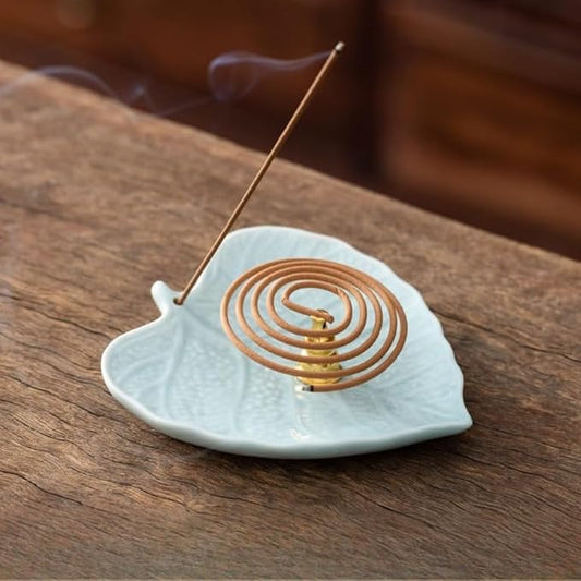 2-Style Ceramic Incense Burner, Bodhi&Ginkgo Leaf Design, Ceramic Incense Holder for Sticks with Ash Catcher&Built-in Stand, Zen Meaning Decor for Home, Office&Yoga/Sage/Cone(Brown and White)