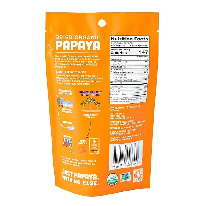 Mavuno Harvest Papaya Dried Fruit Snacks | Organic Dried Papaya Slices | Gluten Free Healthy Snacks for Kids and Adults | No Sugar Added, Vegan, Non GMO, Direct Trade | 2 Ounce, Pack of 6