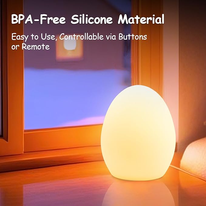 Baby Night Light, Rechargeable Egg Nightlight for Baby Nursery, Cute Silicone Night Light with Remote, 16 Colors RGB Timer, Portable Egg Lamp for Nursery and Kids Room
