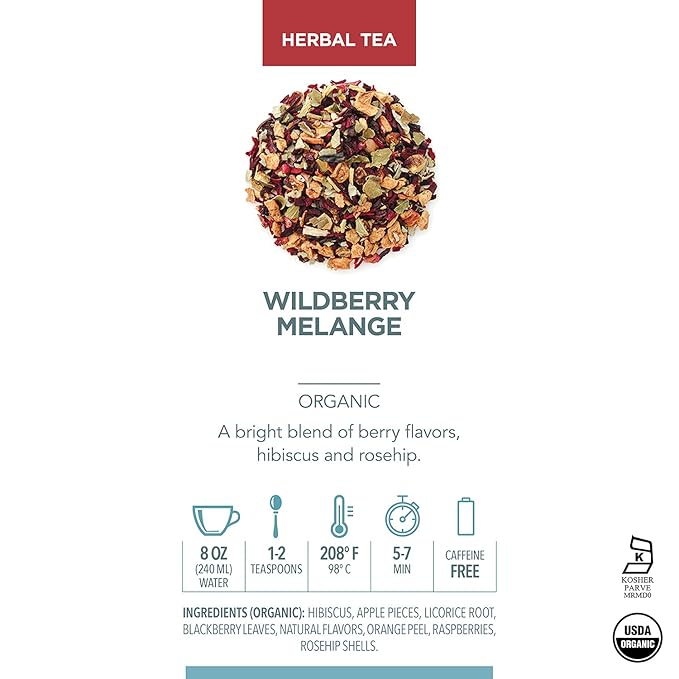 Teabloom Organic Herbal Tea, Wildberry Mélange Loose Leaf Tea, Berry Flavor Herbal Tea, USDA Organic Certified and Kosher Certified Fruit Tea Blend, 3.88 oz/110 g Canister Makes 35-50 Cups