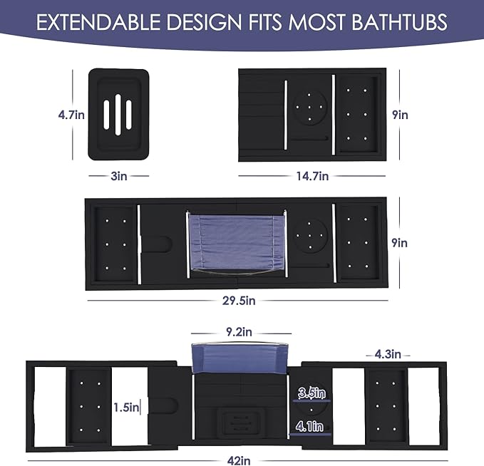 Foldable Bathtub Caddy Tray, Bamboo Bath Tub Tray Table for Tub with Wine Glass Holder Book Phone Tablet Holder with Extending Sides, Adjustable Bathroom Bathtub Free Soap Holder Gift Idea (Black)