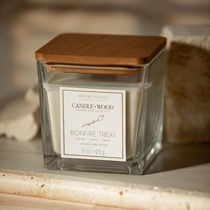 Candle Wood Collection, 15 oz, 1 Wooden Wick, Bonfire Treat, Square Glass Jar Candle